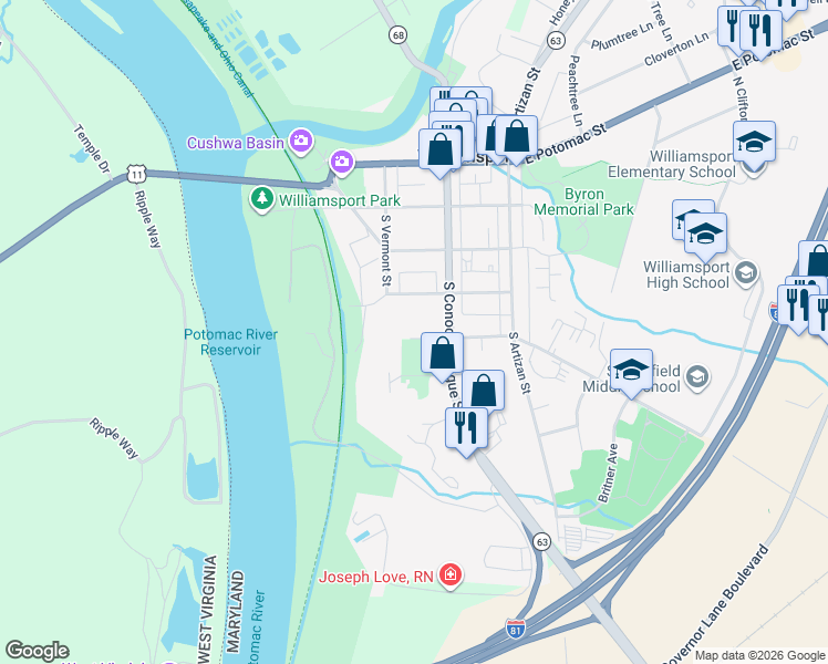 map of restaurants, bars, coffee shops, grocery stores, and more near 19 West Sunset Avenue in Williamsport