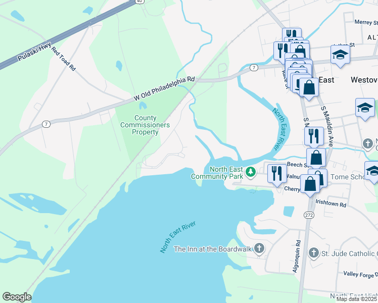 map of restaurants, bars, coffee shops, grocery stores, and more near 124 Northeast Isles Drive in North East