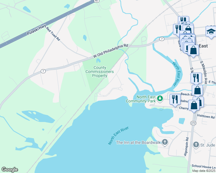 map of restaurants, bars, coffee shops, grocery stores, and more near 208 Northeast Isles Drive in North East