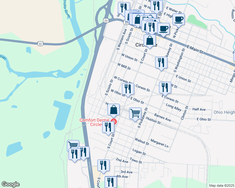 map of restaurants, bars, coffee shops, grocery stores, and more near 201 West Ohio Street in Circleville