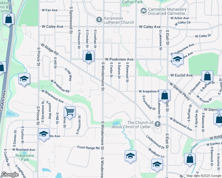 map of restaurants, bars, coffee shops, grocery stores, and more near 1440 West Ridge Road in Littleton