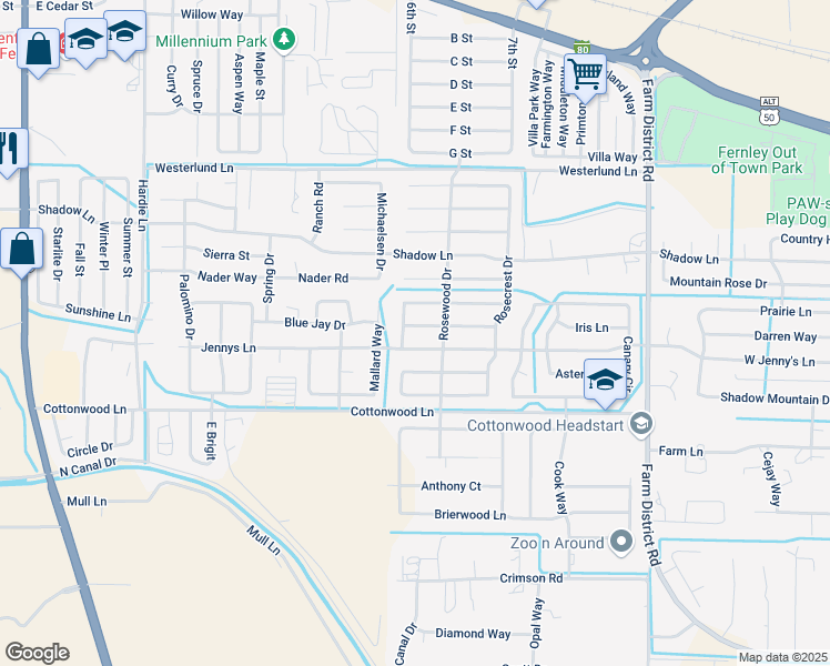 map of restaurants, bars, coffee shops, grocery stores, and more near 1021 Rosehips Lane in Fernley