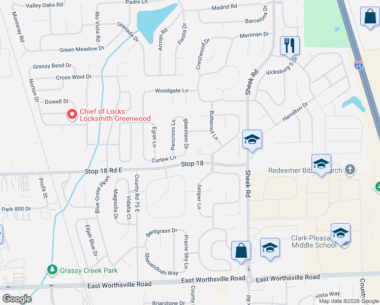 map of restaurants, bars, coffee shops, grocery stores, and more near 1518 Bluestem Drive in Greenwood