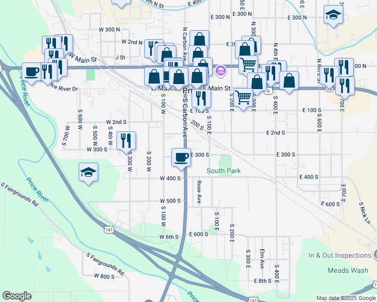 map of restaurants, bars, coffee shops, grocery stores, and more near 7 205 S Carbon Avenue in Price