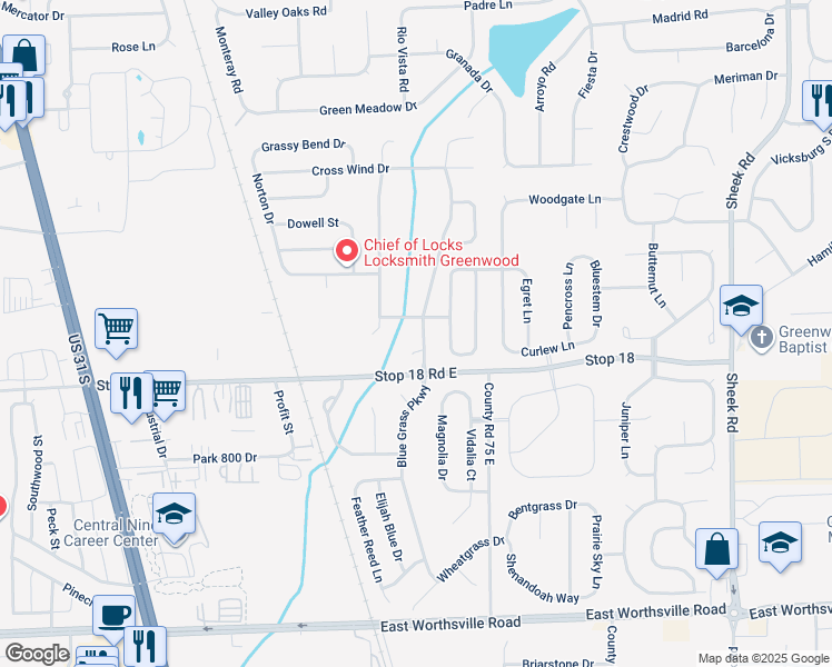 map of restaurants, bars, coffee shops, grocery stores, and more near 1502 Blue Grass Parkway in Greenwood