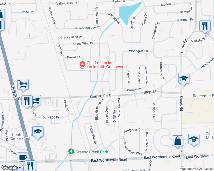 map of restaurants, bars, coffee shops, grocery stores, and more near 1498 Green Spring Way in Greenwood