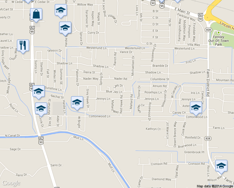 map of restaurants, bars, coffee shops, grocery stores, and more near 625 Blue Jay Dr in Fernley