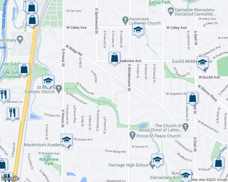map of restaurants, bars, coffee shops, grocery stores, and more near 6735 South Crocker Way in Littleton