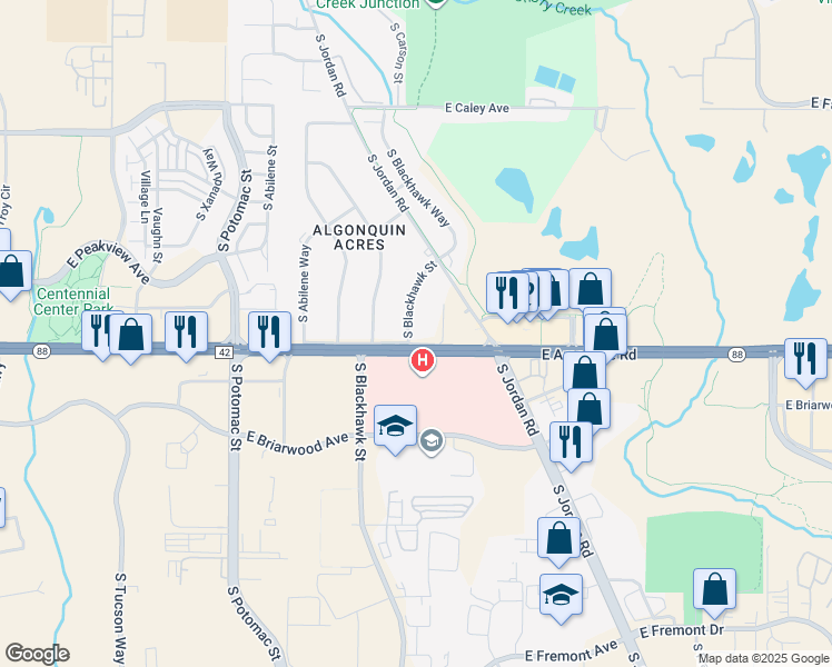 map of restaurants, bars, coffee shops, grocery stores, and more near 6694 South Blackhawk Street in Centennial