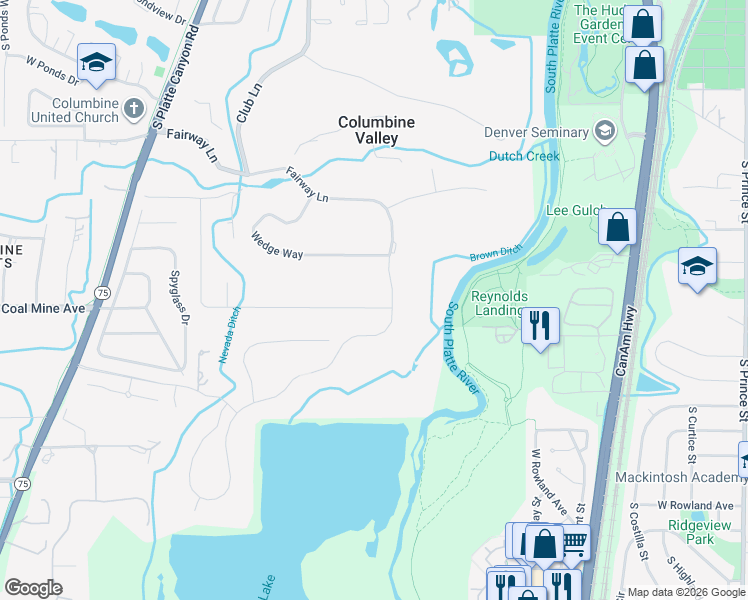 map of restaurants, bars, coffee shops, grocery stores, and more near 41 Fairway Lane in Littleton