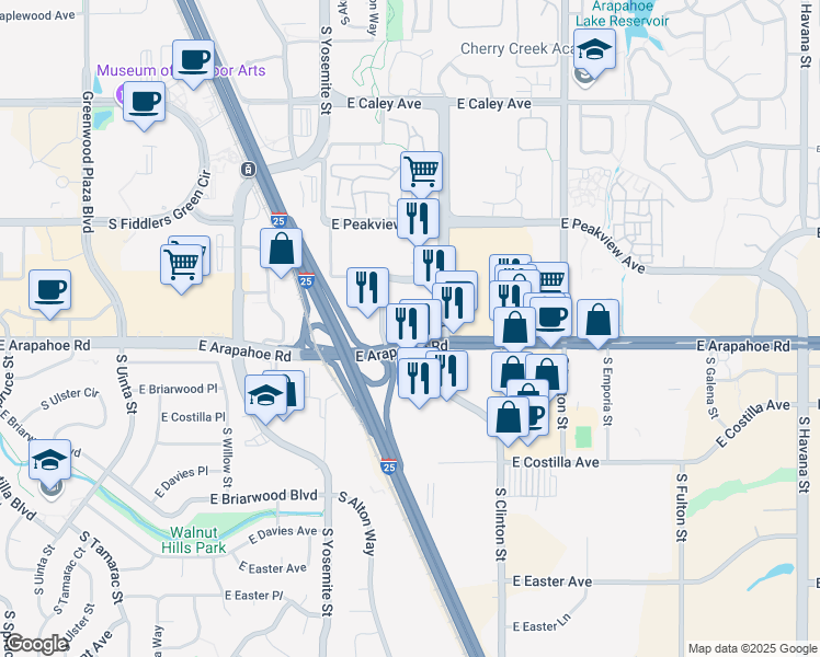 map of restaurants, bars, coffee shops, grocery stores, and more near 9281 East Arapahoe Road in Greenwood Village