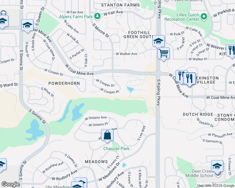 map of restaurants, bars, coffee shops, grocery stores, and more near 10470 West Cooper Place in Littleton