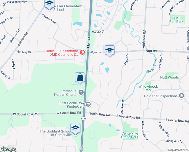 map of restaurants, bars, coffee shops, grocery stores, and more near 32 Scarborough Village Drive in Centerville