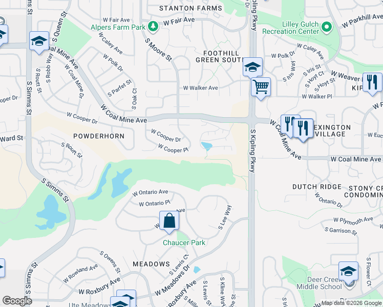 map of restaurants, bars, coffee shops, grocery stores, and more near 10450 West Cooper Place in Littleton