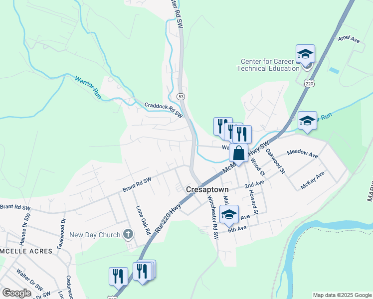 map of restaurants, bars, coffee shops, grocery stores, and more near 14603 Winchester Road Southwest in Cresaptown