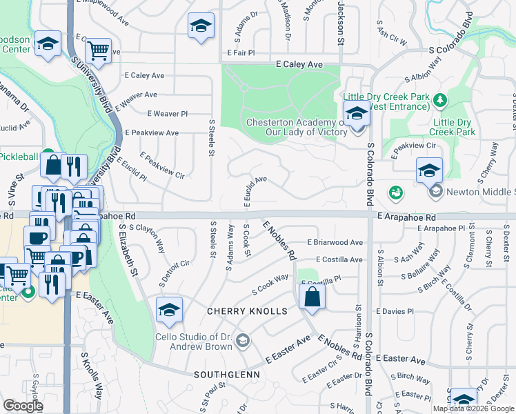 map of restaurants, bars, coffee shops, grocery stores, and more near 3384 East Euclid Place in Centennial