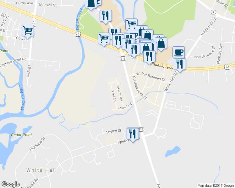 map of restaurants, bars, coffee shops, grocery stores, and more near 14 Leedom Rd in Elkton