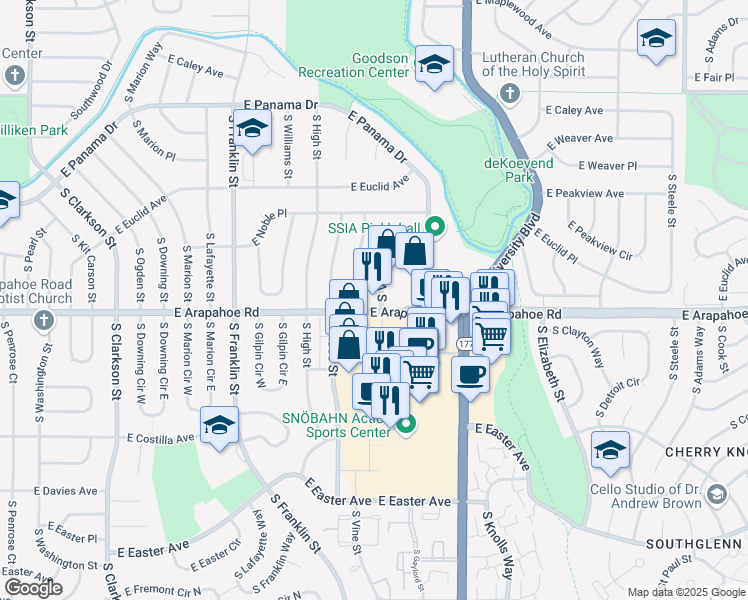 map of restaurants, bars, coffee shops, grocery stores, and more near 2101 East Arapahoe Road in Littleton