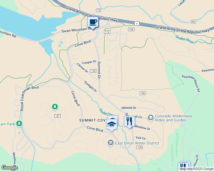 map of restaurants, bars, coffee shops, grocery stores, and more near 406 Cartier Court in Keystone