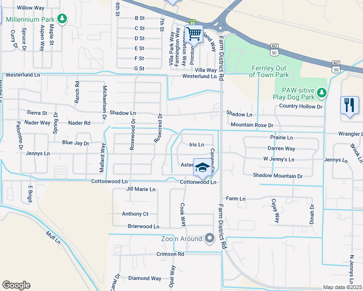 map of restaurants, bars, coffee shops, grocery stores, and more near 941 Iris Lane in Fernley