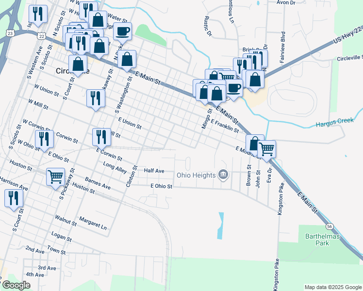 map of restaurants, bars, coffee shops, grocery stores, and more near 531 East Union Street in Circleville