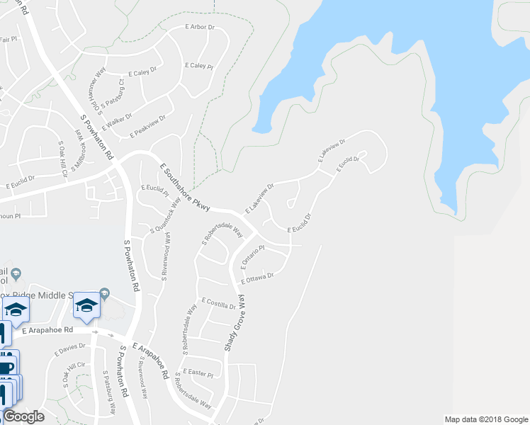 map of restaurants, bars, coffee shops, grocery stores, and more near 27242 East Euclid Drive in Aurora