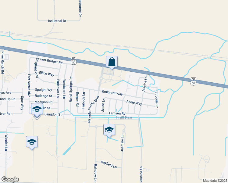 map of restaurants, bars, coffee shops, grocery stores, and more near 250 Emigrant Way in Fernley