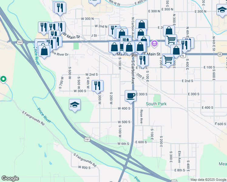 map of restaurants, bars, coffee shops, grocery stores, and more near 253 South 200 West in Price