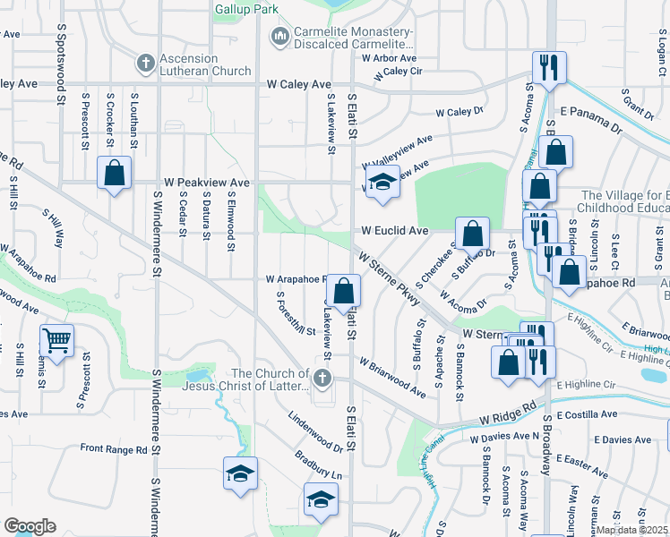 map of restaurants, bars, coffee shops, grocery stores, and more near 6674 S Lakeview St in Littleton