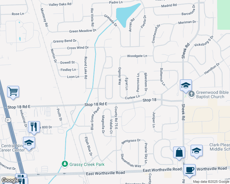 map of restaurants, bars, coffee shops, grocery stores, and more near 1491 Blue Brook Way in Greenwood