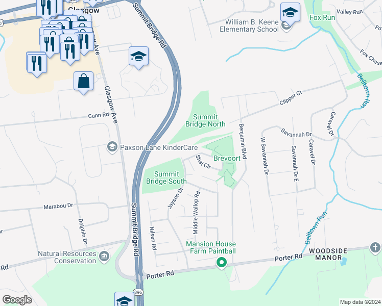 map of restaurants, bars, coffee shops, grocery stores, and more near 206 Springwood Drive in Bear