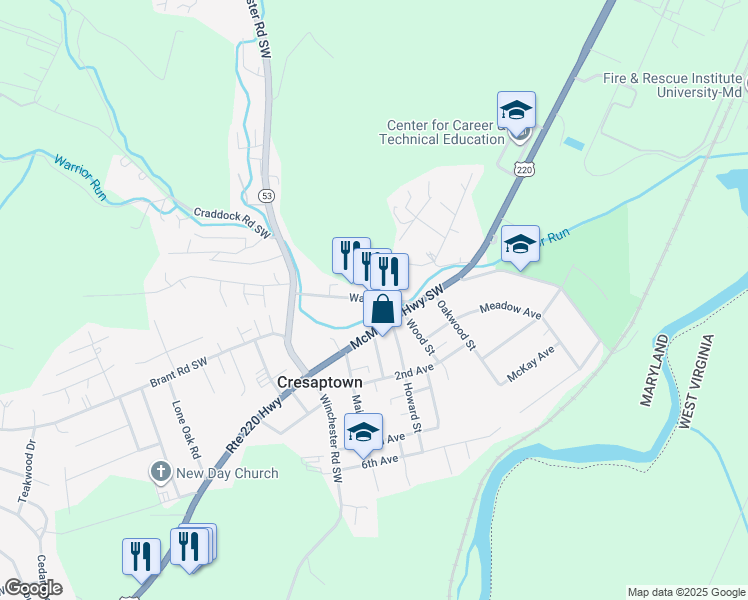 map of restaurants, bars, coffee shops, grocery stores, and more near 13114 Warrior Drive in Cumberland