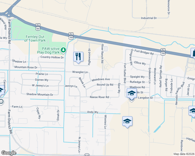 map of restaurants, bars, coffee shops, grocery stores, and more near 511 Black Angus Circle in Fernley
