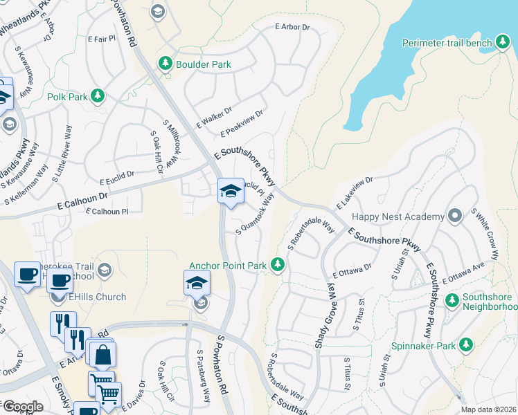 map of restaurants, bars, coffee shops, grocery stores, and more near 6675 South Quantock Way in Aurora