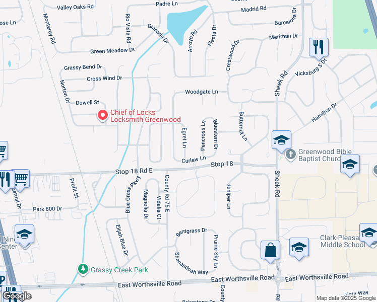 map of restaurants, bars, coffee shops, grocery stores, and more near 1495 Egret Lane in Greenwood