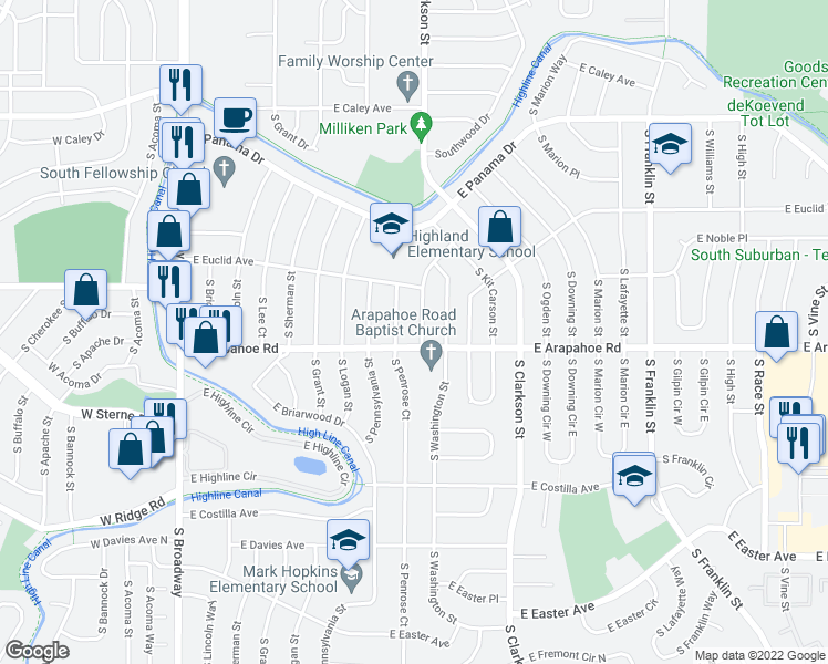map of restaurants, bars, coffee shops, grocery stores, and more near 6685 S Pearl St in Centennial