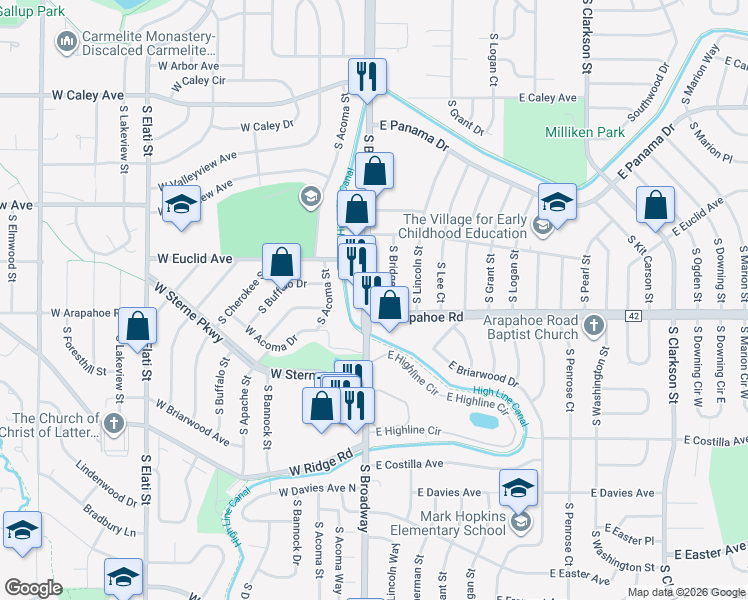 map of restaurants, bars, coffee shops, grocery stores, and more near 6680 South Broadway in Centennial