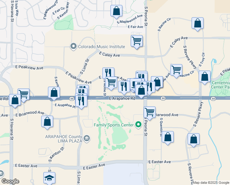 map of restaurants, bars, coffee shops, grocery stores, and more near 11703 East Arapahoe Road in Centennial