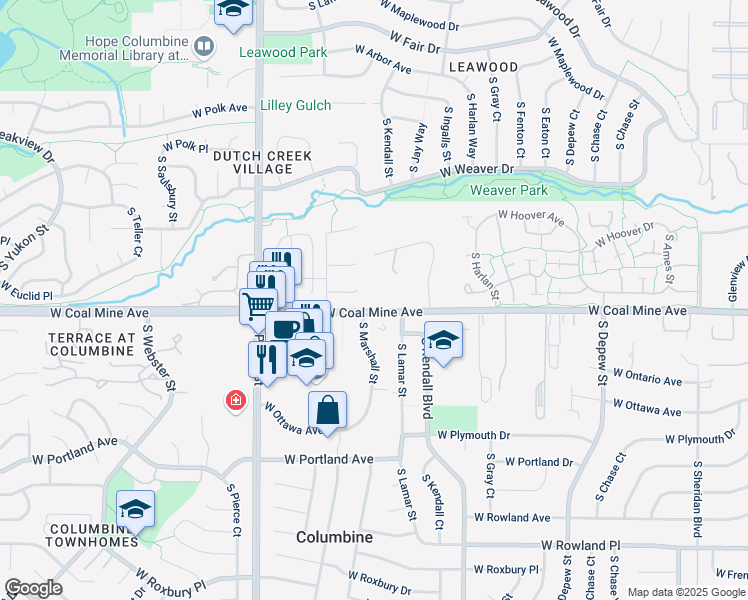 map of restaurants, bars, coffee shops, grocery stores, and more near 6365 West Coal Mine Avenue in Littleton