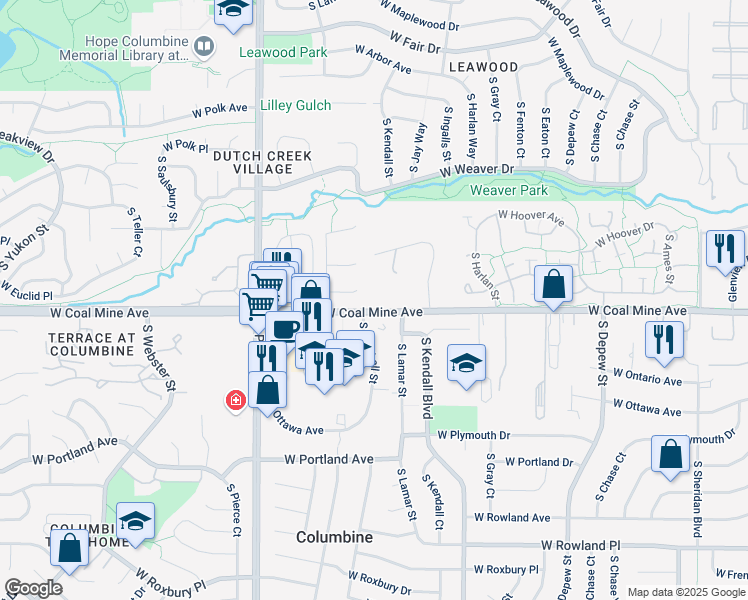 map of restaurants, bars, coffee shops, grocery stores, and more near 6365 West Coal Mine Avenue in Littleton