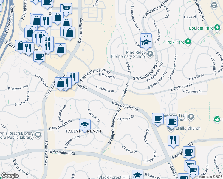 map of restaurants, bars, coffee shops, grocery stores, and more near 24916 East Calhoun Place in Aurora