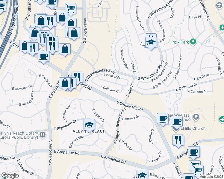 map of restaurants, bars, coffee shops, grocery stores, and more near 24916 East Calhoun Place in Aurora