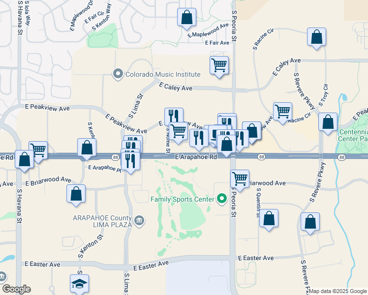 map of restaurants, bars, coffee shops, grocery stores, and more near 11703 East Arapahoe Road in Centennial