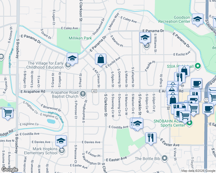 map of restaurants, bars, coffee shops, grocery stores, and more near 6695 South Ogden Street in Centennial