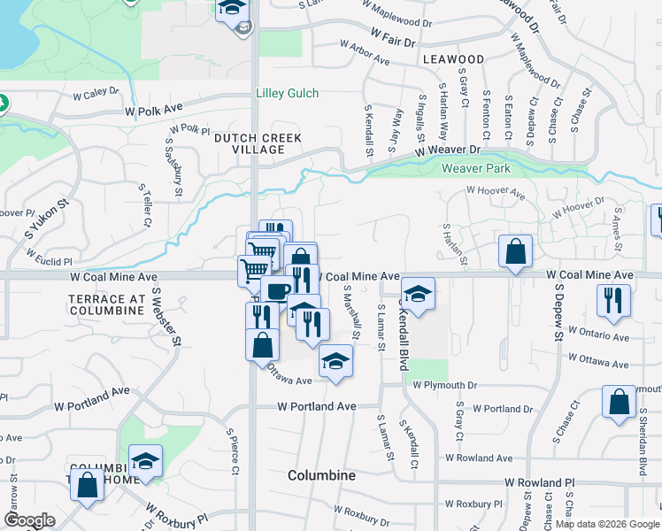 map of restaurants, bars, coffee shops, grocery stores, and more near 6552 West Calhoun Place in Littleton