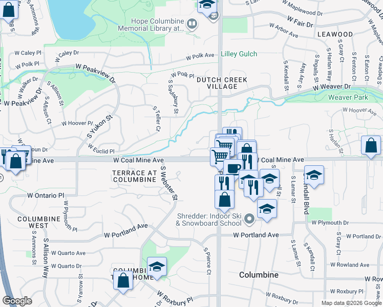 map of restaurants, bars, coffee shops, grocery stores, and more near 6686 South Reed Way in Littleton