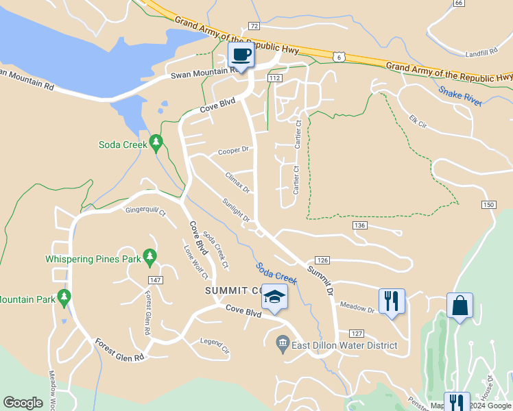 map of restaurants, bars, coffee shops, grocery stores, and more near 226 Sunlight Drive in Dillon