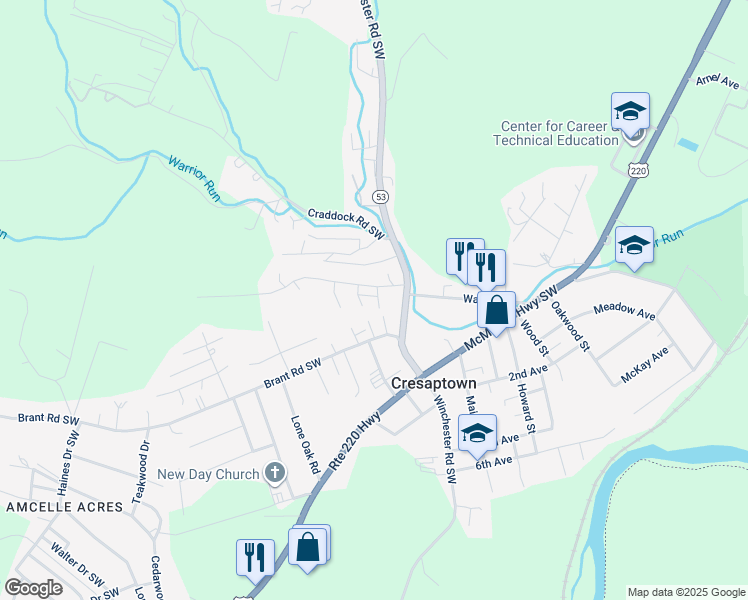 map of restaurants, bars, coffee shops, grocery stores, and more near 14603 Winchester Road Southwest in Cresaptown