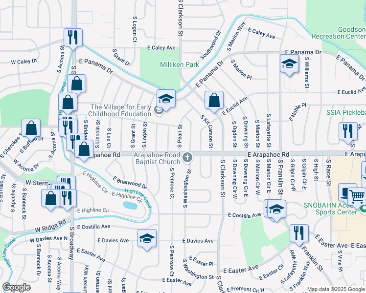 map of restaurants, bars, coffee shops, grocery stores, and more near 6685 South Pearl Street in Centennial