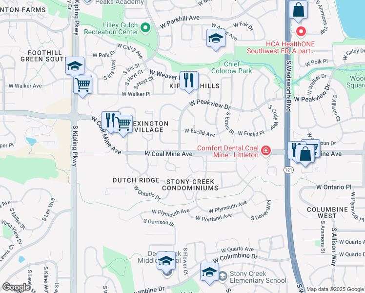 map of restaurants, bars, coffee shops, grocery stores, and more near 9184 West Calhoun Place in Littleton